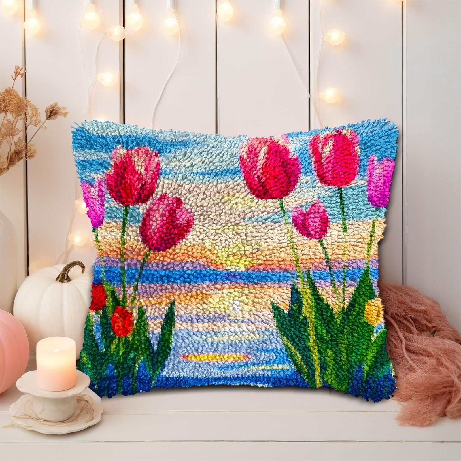 Seaside Flower Tulips Sunset DIY Latch Hook Pillow Kits for Adults Printed Pillowcase Crochet Yarns Hooking Handmade Pillow Cover Cushion for Home Sofa Decoration 17x17inch(3)