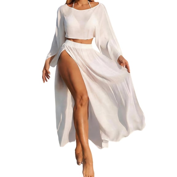 Staron Women's Swimsuit Cover Up Beach Dress Two Piece Set V Neck Short Sleeve Slit Casual Vacation Loose Fit Sunscreen Cover-up Dress, White XL