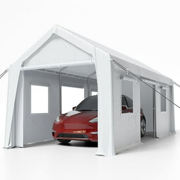 Pinypikaka 10'x20' Heavy Duty Outdoor Carport w/ Roll-up Ventilated Windows Car Canopy Tent for Car Pickup Truck Boat, White