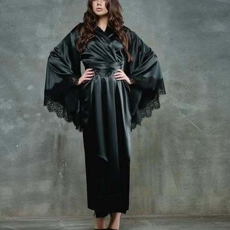 

DJKDJL Women Lace Satin Sleepwear Kimono Nightdress Lingerie Camisole Casual Pajamas - Black