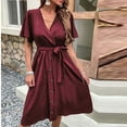 thumbnail image 3 of Bigersell Womens Summer Midi Dress Wrap V-Neck Short Sleeve Casual Loose Button-Down Dress with Belt Pleated A-Line Cocktail Party Swing Sundress Business Dresses, Wine XL, 3 of 5