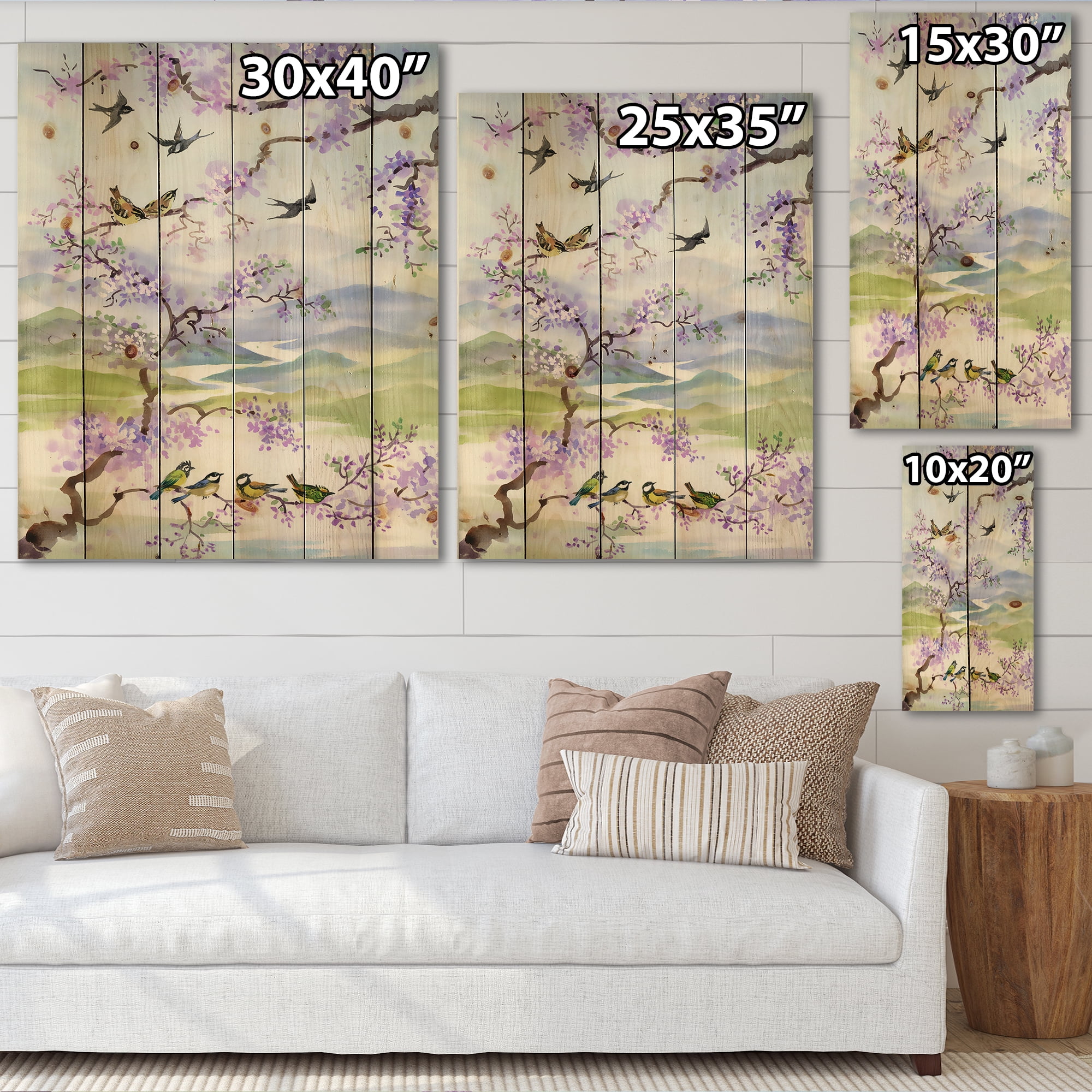 Designart 'Birds Sitting On Cherry Branch' Traditional Print on Natural Pine Wood
