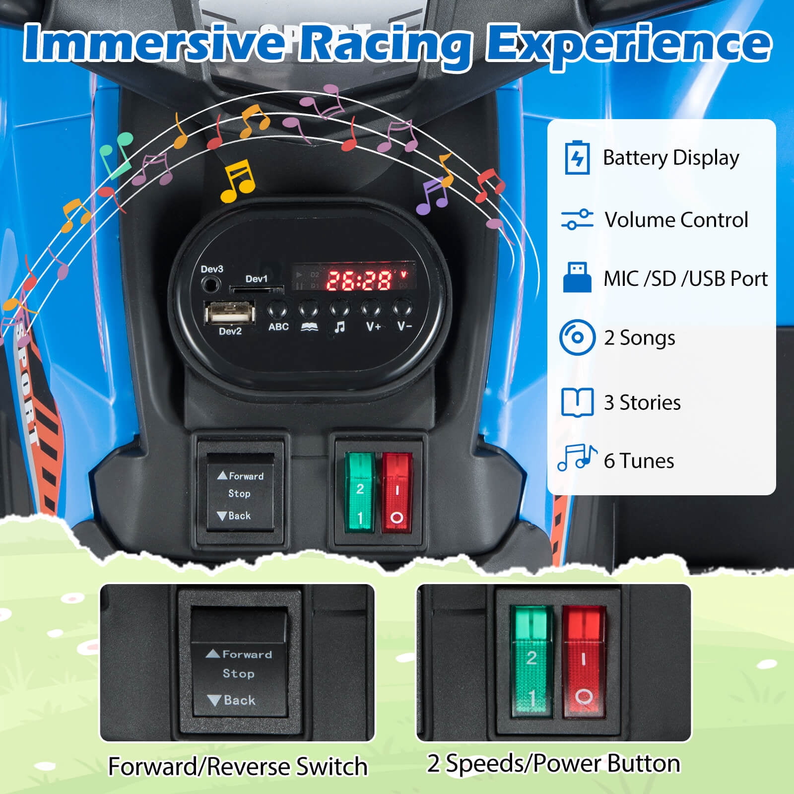 Costway 24V 4-Wheeler Ride on Toy with Slow Start, Songs, Stories, Tunes, MIC/SD/USB Port Blue