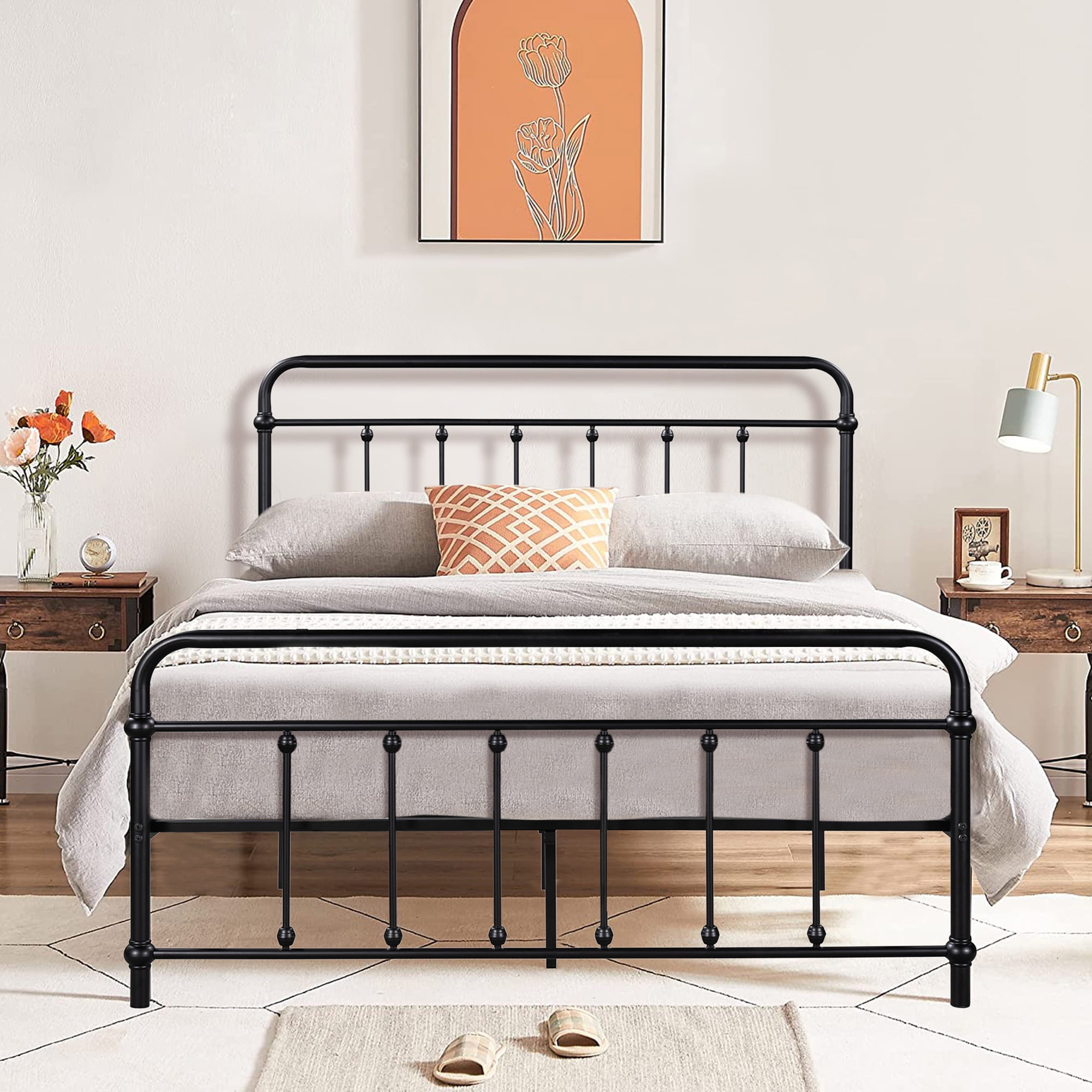 Syngar Black Iron Platform Bed Frame Full Size With Vintage Headboard And Footboard New