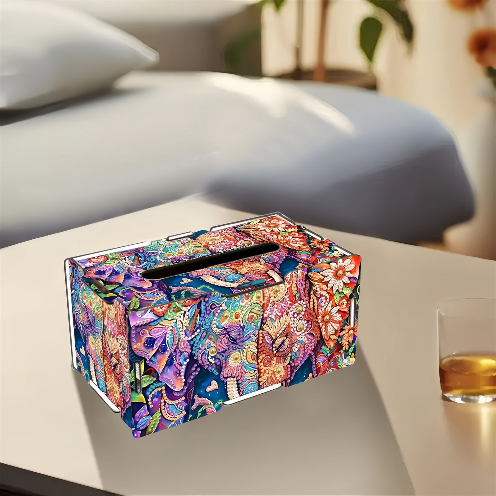 FLOPESN DIY Diamond Art Painting Wooden Assembly Paper Box, 8.86*5.31in, Creative Design Table Decor Rectangular Paper Towel Storage Box-Colorful Patterns