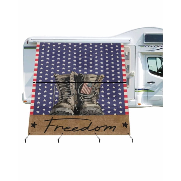 4th of July RV Awning Sun Shade Screen 9'X7' American Flag Boots Freedom Mesh Sunscreen Patriotic Stars Stripes Awning Shade Screen with Zipper UV Blocker Completed Kits for RV Motorhome Camper