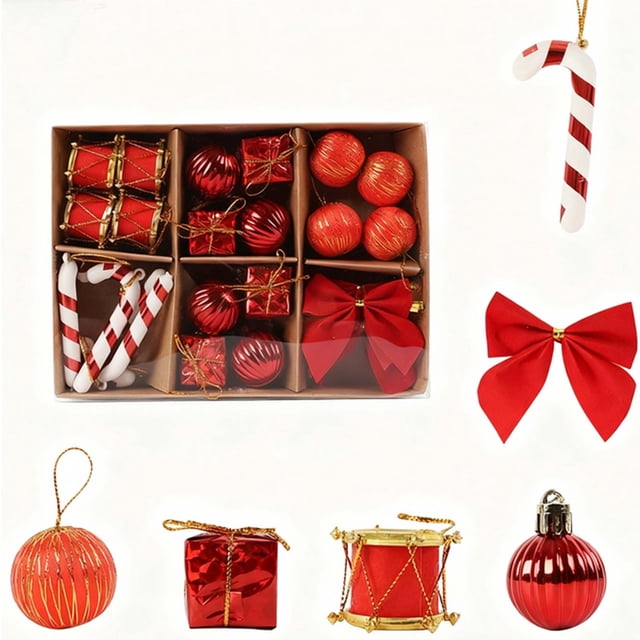 Red Christmas Gift Decoration Set Red With Kraft Paper Box Balls Bows Candy Canes