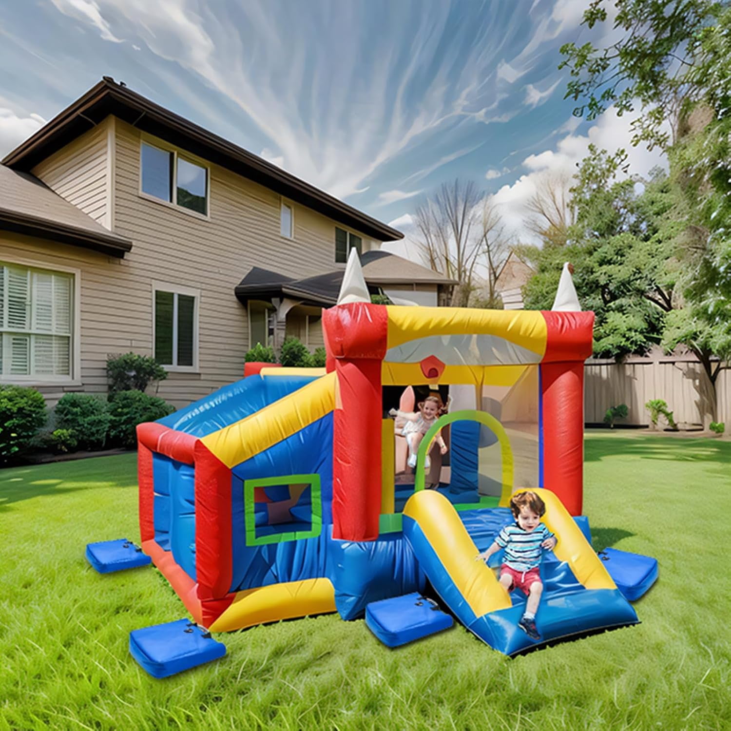 Vinyl SandBags with Handle, Bounce House Sand Bags, Suitable for Fixed Inflatable Trampolines, Inflatable Water Slide, Canopies and Tents(Each Weight Capacity 55 Pound, 4 Pack, Blue)