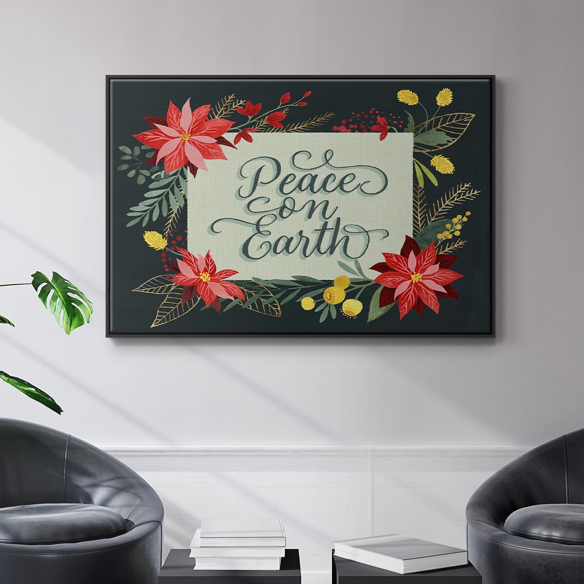 Bright Christmas Night II - Framed Gallery Wrapped Holiday Canvas - 17 x 25 - Black Frame