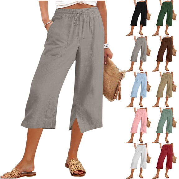Bloomae Linen Wide Leg Capri Pants for Women Summer Drawstring Elastic High Waisted Lounge Palazzo Cropped Trousers Split Under Knee Length Flowy Comfy Beach Capris with Pockets Coffee XXL