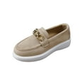 thumbnail image 3 of Women's Wide Width Platform Loafers, Faux Suede Round Toe Metal Accent Slip-On Casual Dress Shoes for All Seasons, Beige/Black, 3 of 10