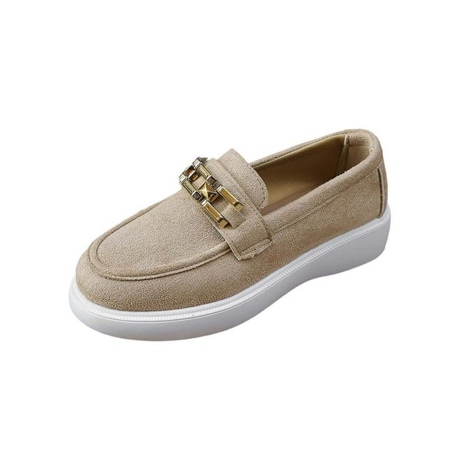 WLOELOEW Women Slip On Loafers Round Toe Flats With Thick Heel Flock Material Us Size 7 Foot Length 9.65 Inches