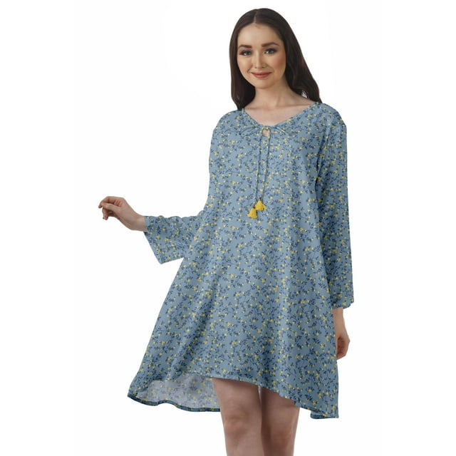 Moomaya Robe Évasée en Rayonne pour Femmes Manches Longues Imprimée Col en V Décontractée Robe de Plage pour Filles