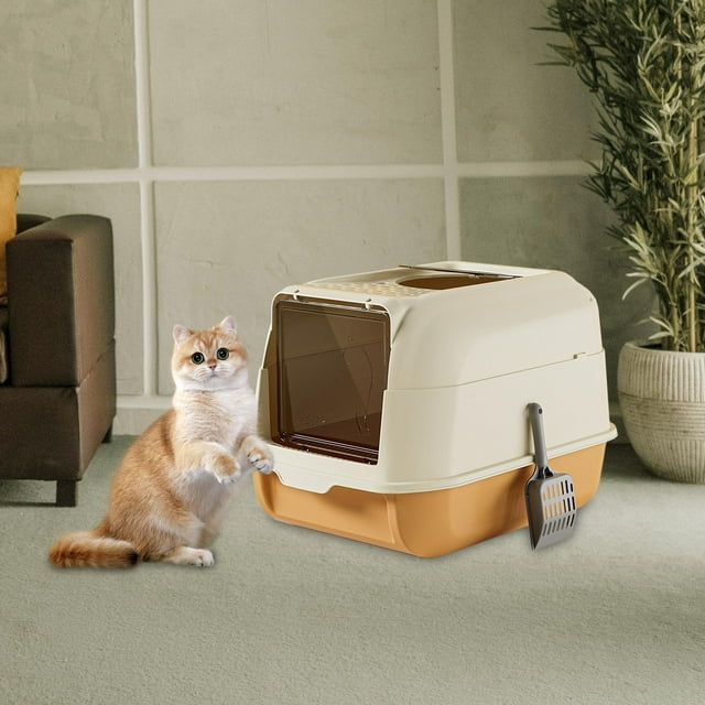 Bac à Litière pour Chat avec Couvercle, Entrée Frontale, Sortie par le Haut, à Capuchon, Couvert, Bac à Litière pour Chaton, Orange