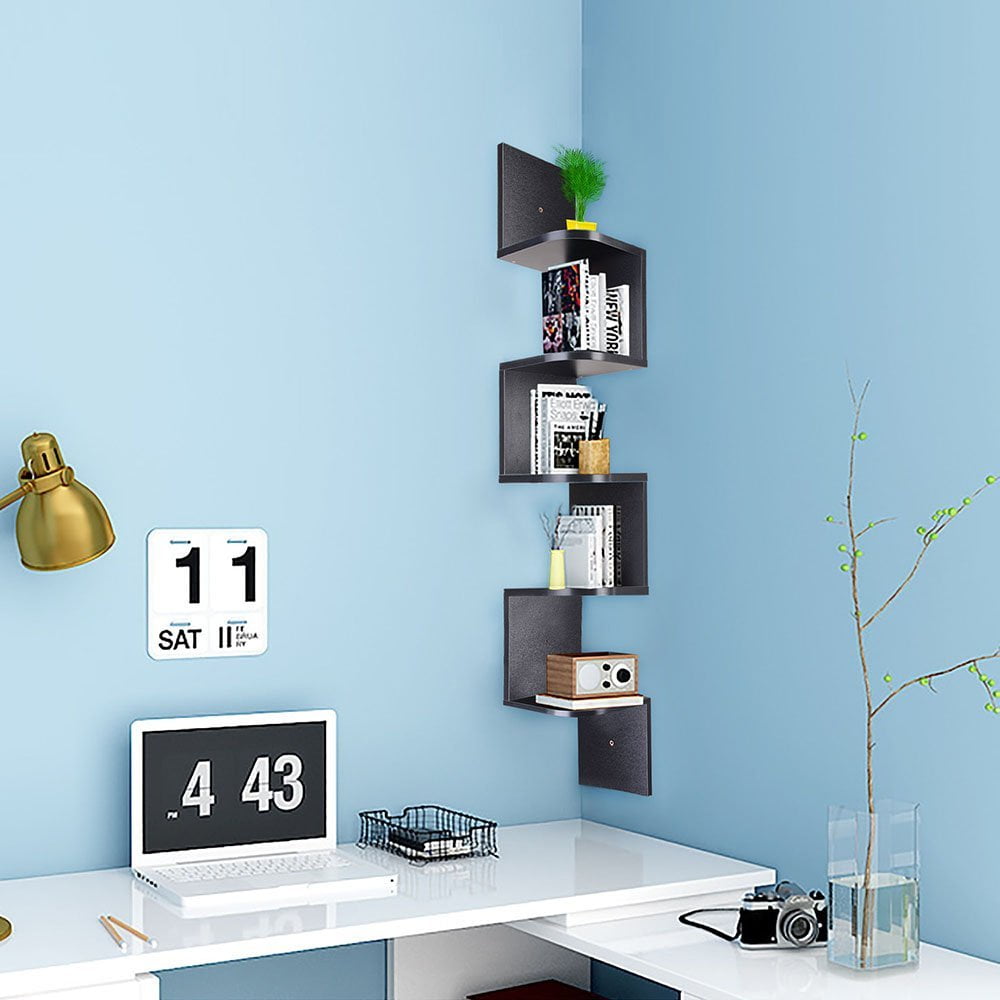 Lowestbest 5 Tiers Wood Corner Wall Shelf, Zig Zag Wooden Shelves Wooden Mount Rack for Home, Black Lowestbest 5 Tiers Wood Corner Wall Shelf, Zig Zag Wooden Shelves Wooden Mount Rack for Home, Black
