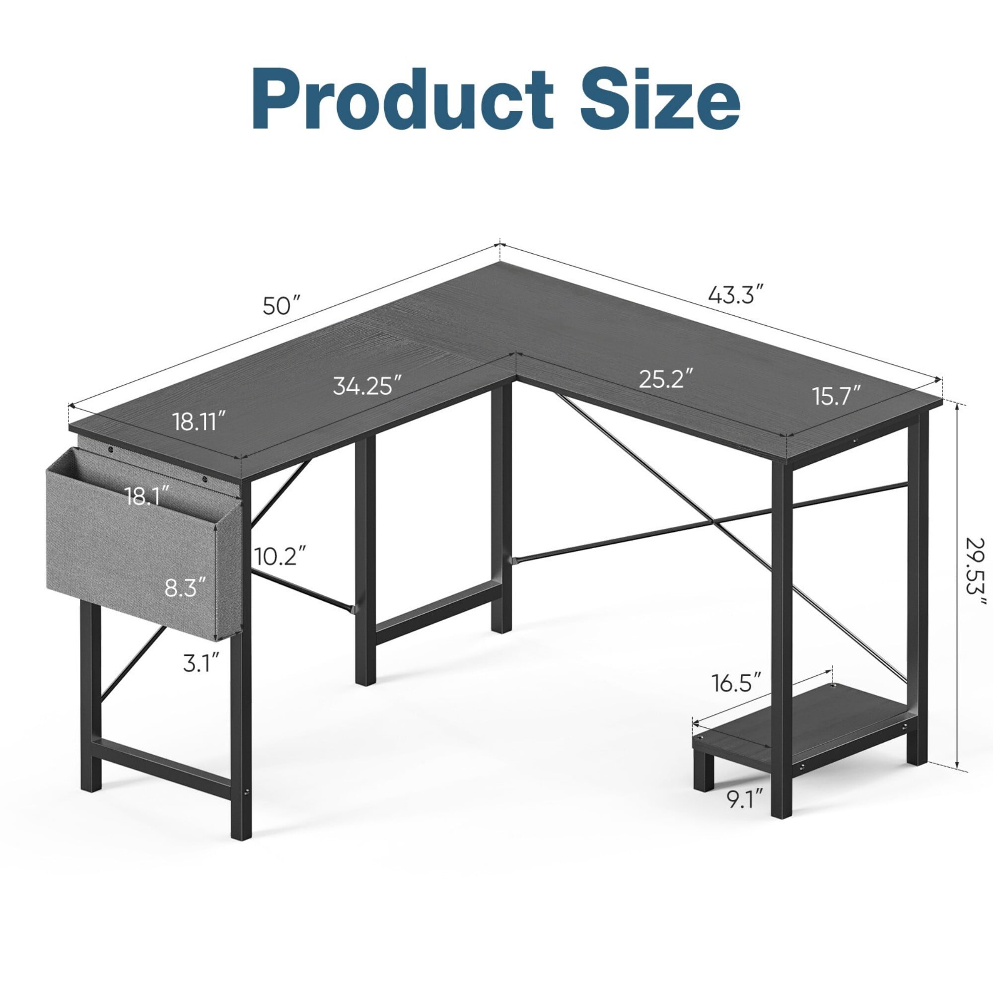 AENKYO 50" Reversible L-Shaped Computer Desk with Storage Bag & CPU Stand, Corner Desk for Home Office or Gaming, Black