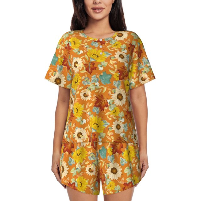 Balery Daisy maple fall Conjunto de Pijama para Mujer con Estampado, Dos Piezas de Manga Corta y Shorts, Ropa de Dormir Suave con Cuello Redondo y Bolsillos-Small