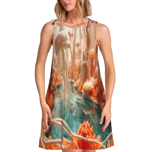Bixox Fantasy Underwater Jellyfish Print Women's Sleeveless A-Line Dress with Pockets, Casual Knee-Length Tank Dress for Summer-3X-Large