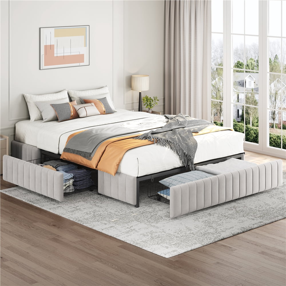 Fullfurnique Upholstered Platform Bed Frame with Three Storage Drawers, Queen, Beige