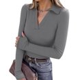 thumbnail image 2 of Womens Pullover Sweaters Y2K Going Out Tops Deep V Neck Polo Shirt Thumb Holes Ribbed Long Sleeve Tops for Women Gray S, 2 of 7
