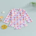 thumbnail image 2 of QJUHUNG Kid Baby Girls One Piece Swimsuit Long Sleeve Zipper Swimwear Ruffle Rashguard Bathing Suits Beachwear, 2 of 8