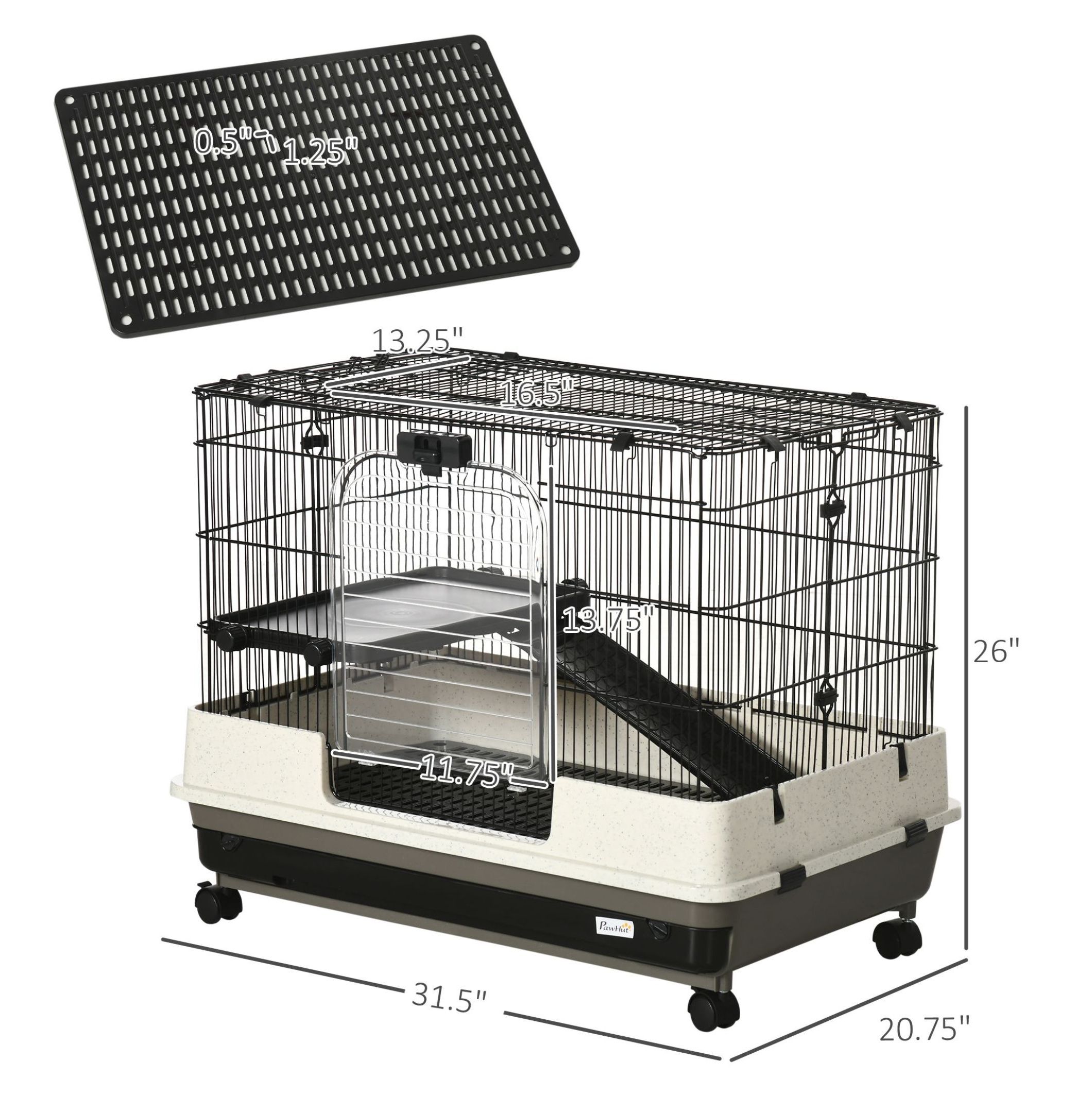 2-Tier Black Small Animal Cage Rabbit Hutch with Wheels Removable Tray Platform Ramp for Bunny Chinchillas Hedgehog Gerbils