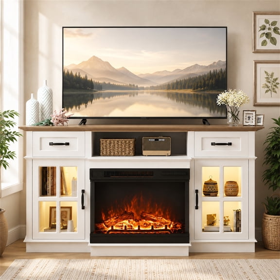 SESSLIFE 58" Fireplace TV Stand, Modern Entertainment Center with 25" Fireplace, TV Console with Storage Drawers & Cabinets, Media Console for Living Room, White
