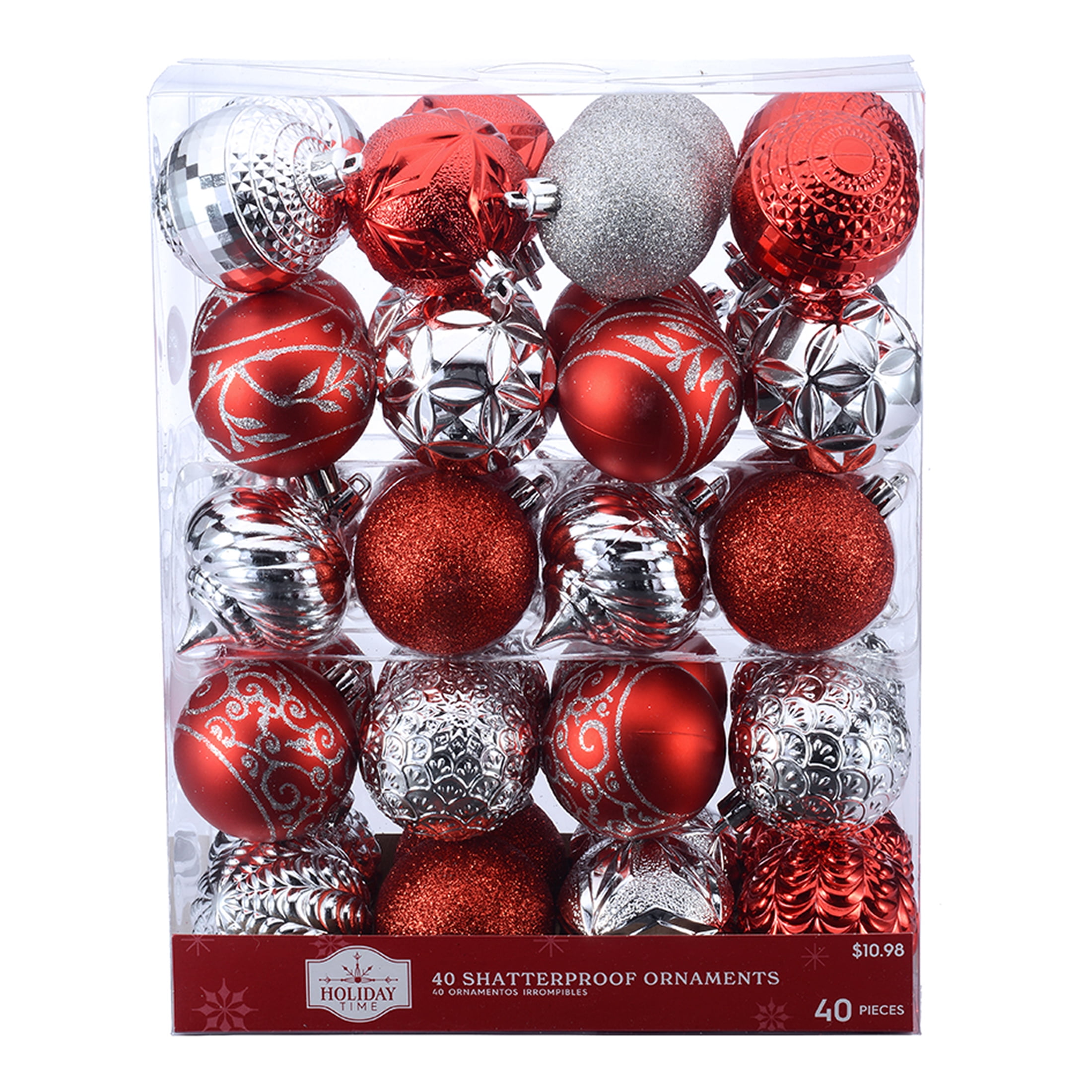 Holiday Time 60 mm Christmas Shatterproof Ornaments, Brilliant Red & Metallic Silver, 40-Count