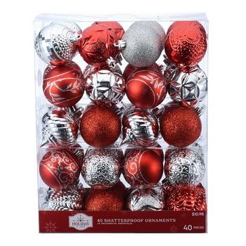 Holiday Time 60 mm Christmas Shatterproof Ornaments, Brilliant Red & Metallic Silver, 40-Count