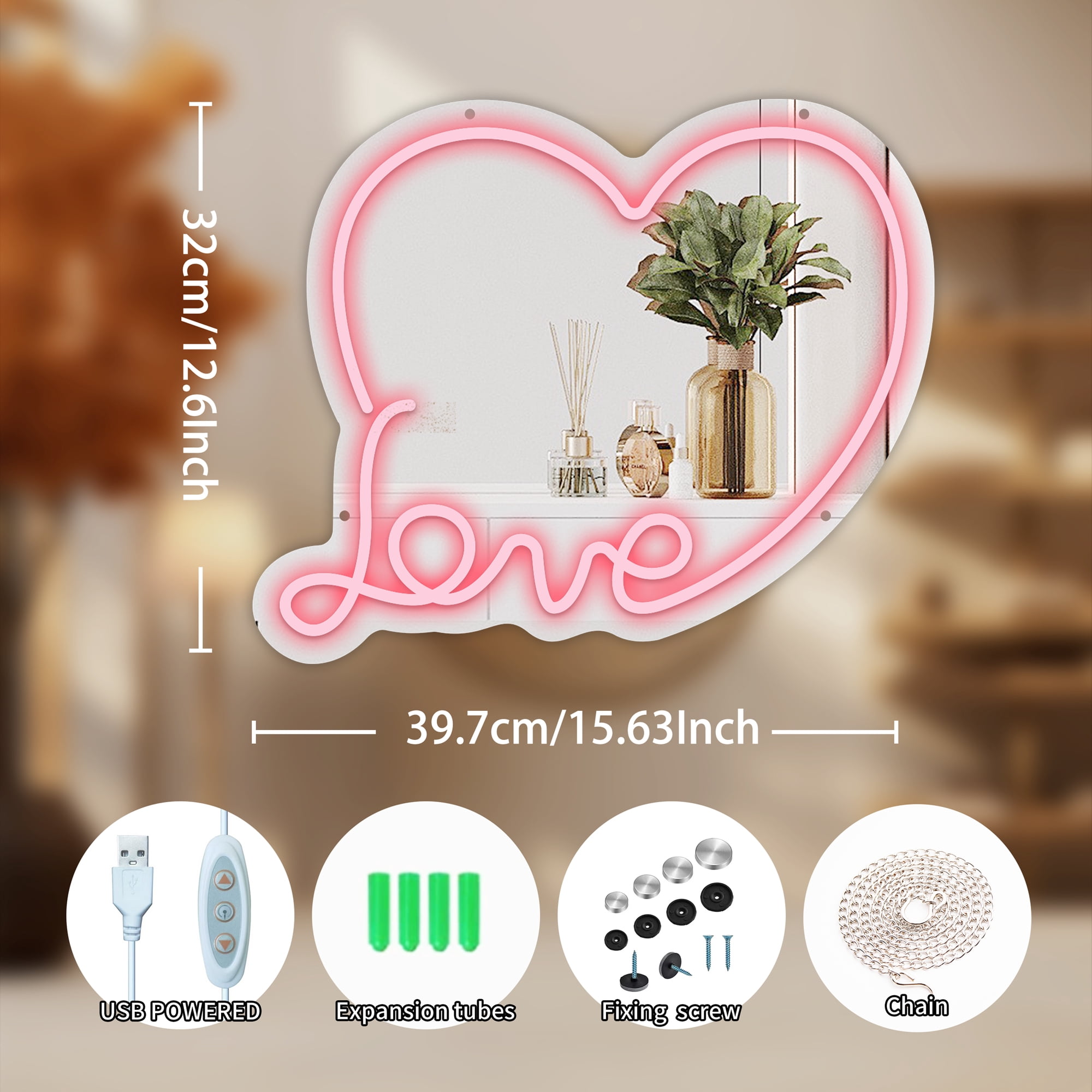 Anime Love Mirror with Light Neon Signs for Wall Decor, Neon