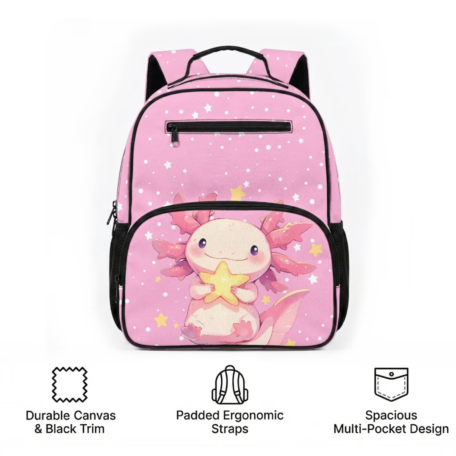 Pzuqiu Axolotl Print 13.5 Inch Preschool Backpack for Toddler Girls 3-6, Water Resistant Breathable Kids School Bag with Multiple Pockets, Lightweight Soft Kindergarten Bookbag