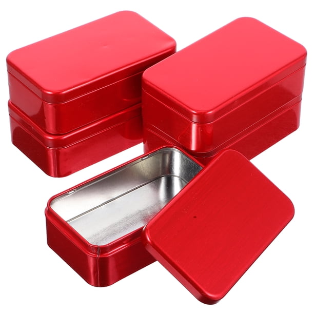 GOOHOCHY 5 cajas de lata vacías rectangulares, latas de metal vacías, pequeñas latas vacías con tapa, mini cajas portátiles para guardar dulces, joyas, manualidades, color rojo.