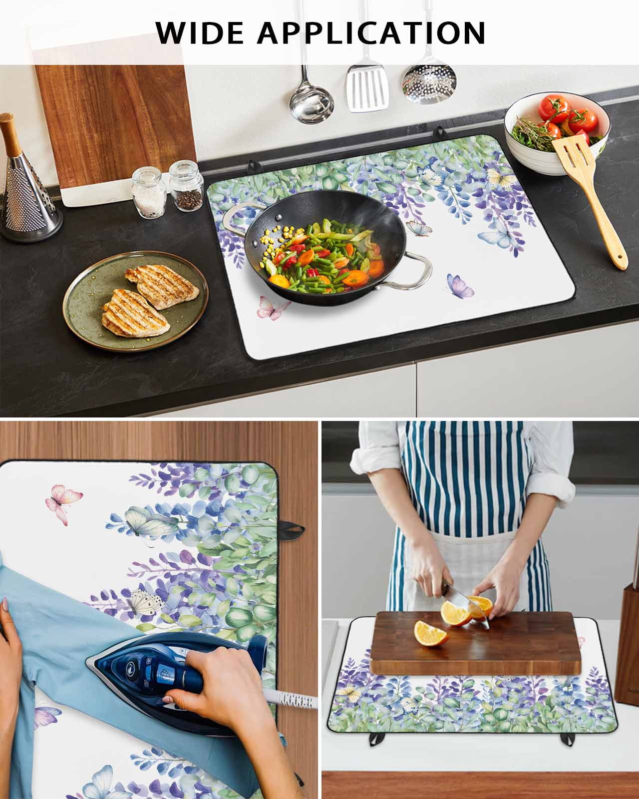 Large Induction Cooktop Protector Mat Wisteria Stove Top Covers for Electric Stove, Purple Flowers Leaves Butterflies Botanical Spring Decorative Stove Burner Cover Mats, Glass Top Stove Cover