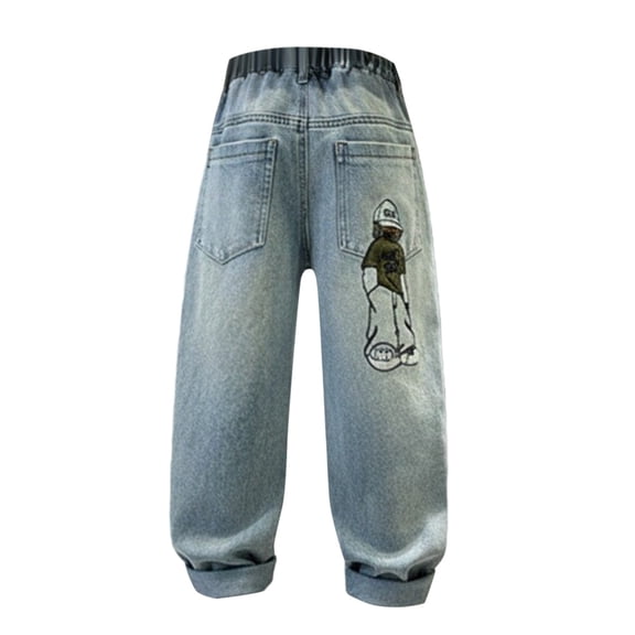 YunPes Boys Baggy Jeans Y2K Pants with Cartoon Embroidery Teen Fashion Loose Fit Casual Pants Elastic Waist Washed Distressed Jeans