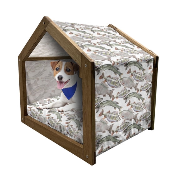 Fishes Pet House, Watercolor Common Carp Perch and Bass Freshwater Animals Themed Seafood Drawing, Outdoor & Indoor Portable Dog Kennel with Pillow and Cover, 5 Sizes, Multicolor, by Ambesonne