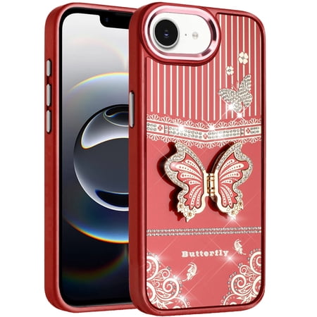 For Apple iPhone 16 E (6.1") Glitter Butterfly Case with 3D Stand Sparkle Hybrid Metallic Edges Protective Phone Cover Slim Fit [Red]
