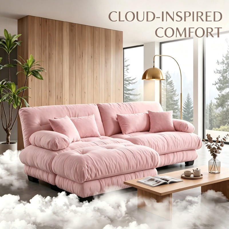 ANPPORT Cloud Couch Sleeper Sofa, Chenille Pink 2-Seater Modular Sofa with 1 Ottomans, 2 Lumbar pillows, 2 Pillows, Comfy Deep Seat Cloud Sofa, Convertible L-Shaped Floor Couch for Living Room