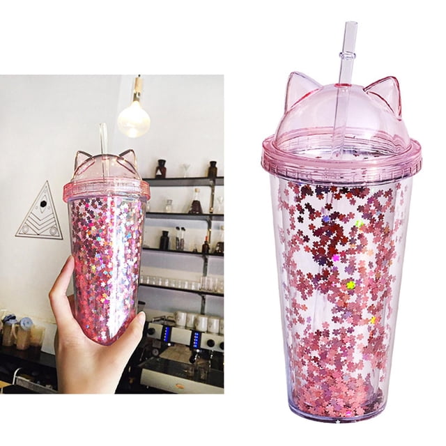 Vaso reutilizable de doble pared, moderno y brillante, con tapa y , tazas de taza de polvo para acampar libre, viajes, té frío y Rosado rojo BLESIY botella de cafe