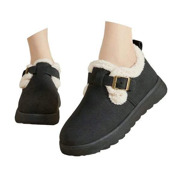 Mepaouo Womens Winter Snow Boots Suede Slip on Flat Loafers Fleece Lined Plush Short Booties Fashion Sneakers