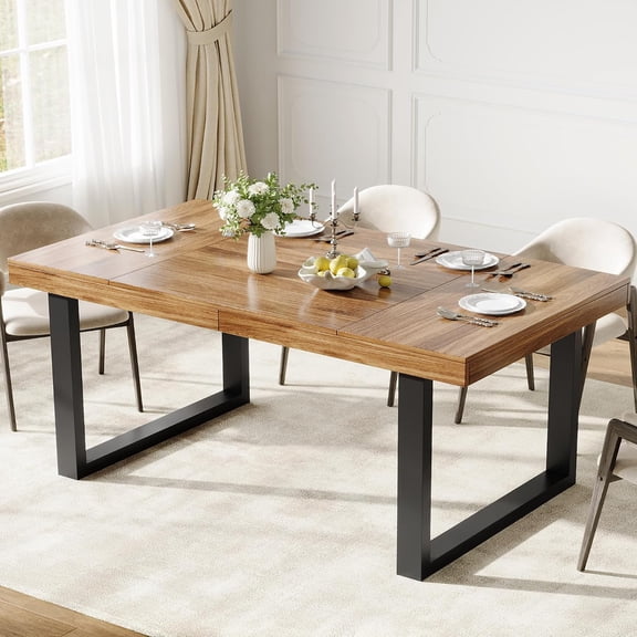 71 Inch Dining Table for 6-8, Wooden Table with Metal Legs, Farmhouse Style, Thick Edge Design, Easy Assembly, Kitchen and Dining Room Table,Light Brown
