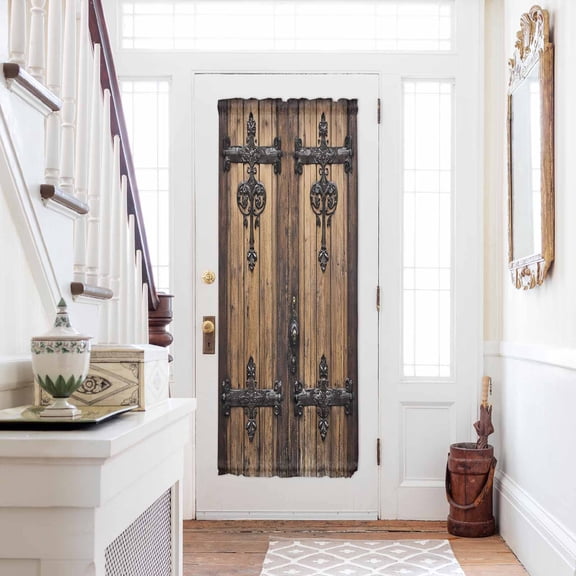 Rustic Wooden Door Door Curtains for Door Window, French Sidelight Front Back Door Curtains With Tieback, Brown Black Farmhouse Country Vintage Kitchen Rod Pocket Drapes Panel, 25"x72"