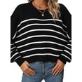 thumbnail image 3 of Arvbitana Women Loose Knit Sweater Striped Print Pullover Long Sleeve Knitwear Cropped Tops Warm Streetwear for Fall, 3 of 7