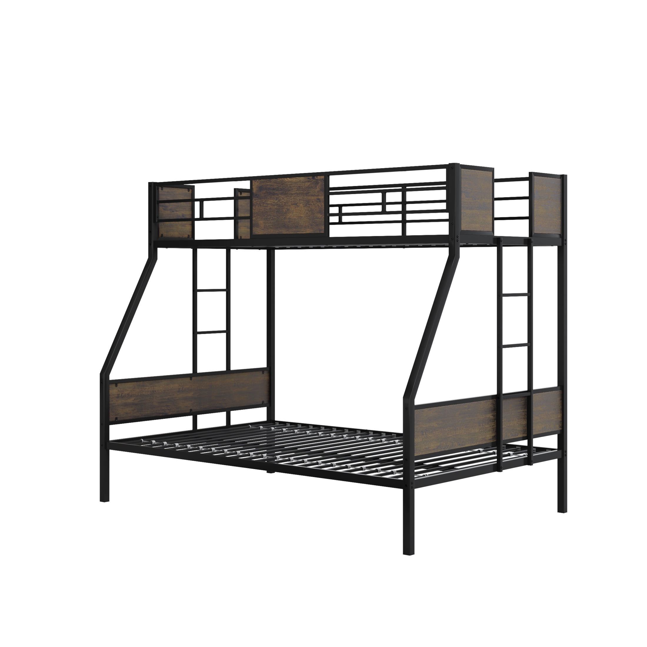 Noble House Twin Over Full Metal Bunk Bed Frame, Safety Guardrails & Built-In Ladders, Protective Board Supports, Black