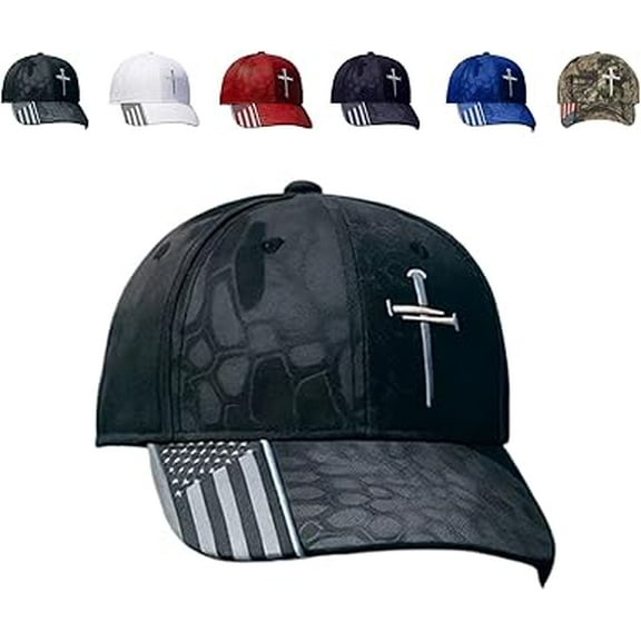 Adjustable Jesus 3 Nail Cross Hat, with American Flag, Religious 3 Nail Cross Design Christian Baseball Caps