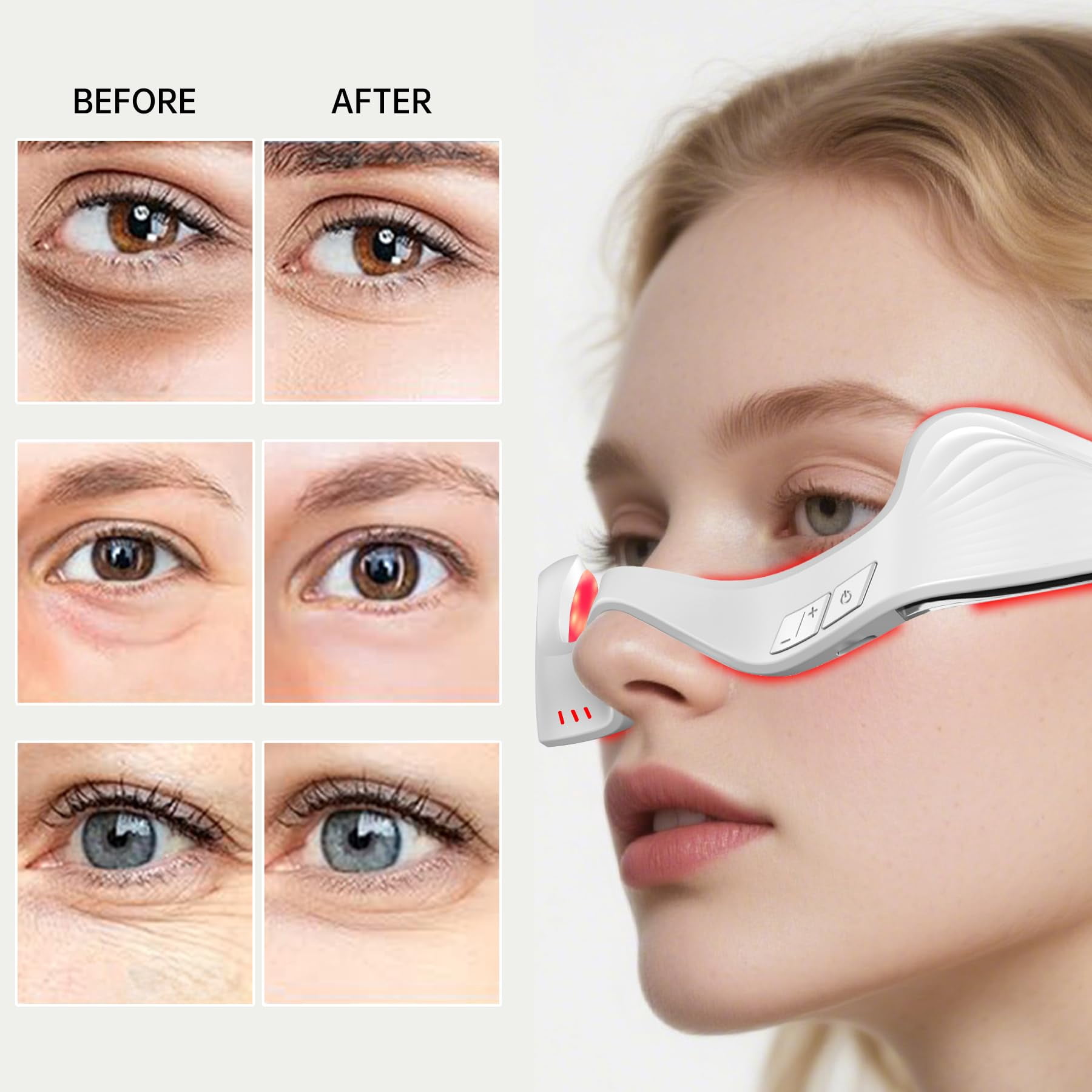 Under Eye Red Light Therapy Device, facial red light therapy for reducing dark circles and puffiness, smoothing fine lines, eye massager with glasses strap (Milky)