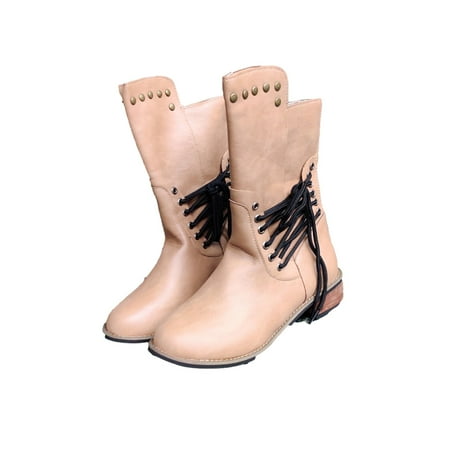 

VONCOS Women s Boots Women s Shoes Laceing Low Heel Rivets Zipper Fashion Shoes Mid Leather Boots