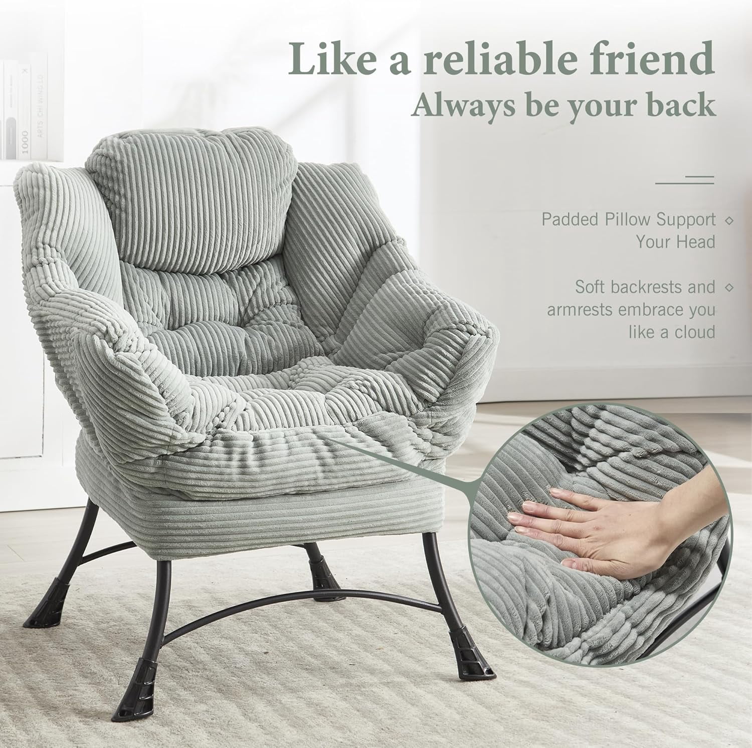 MOONMISS Corduroy Upholstered Oversized Lazy Chair Set of 2 with Folding Ottoman and a Side Pocket,Light Green