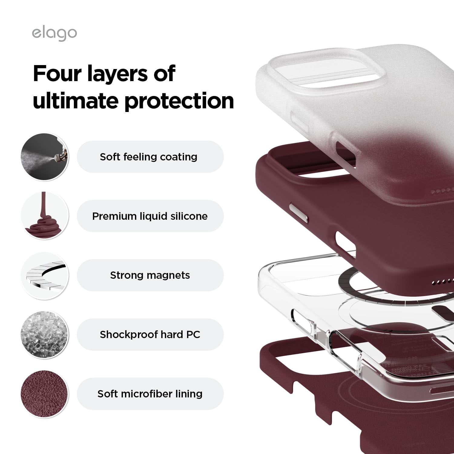 elago Magnetic Silicone Case Compatible with iPhone 16 Pro Max Case 6.9 Inch Compatible with All MagSafe Accessories - Built-in Magnets, Soft Grip Silicone, Shockproof [Burgundy]