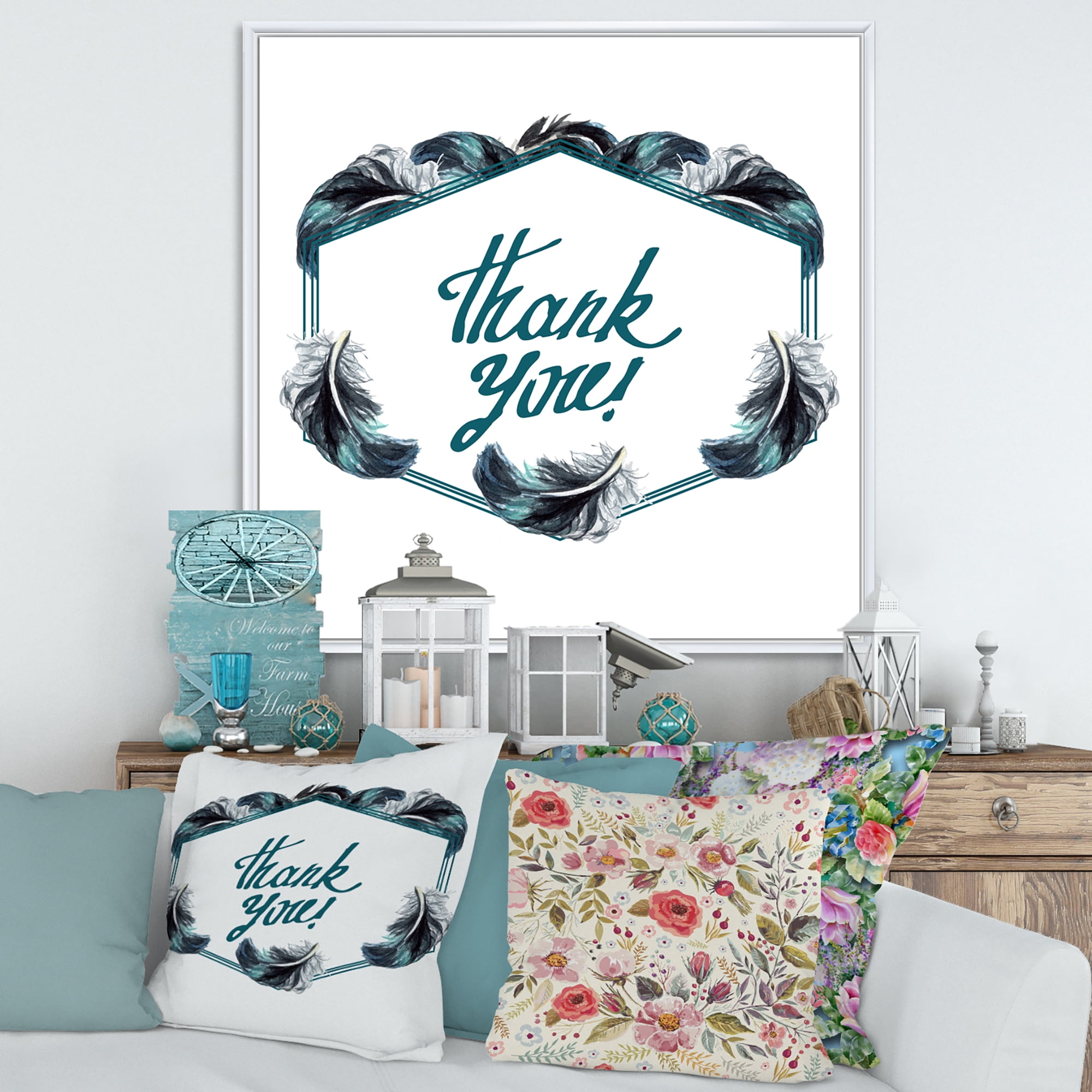Designart 'Black Boho Art Feathers Thank You' Bohemian & Eclectic Framed Canvas Wall Art Print