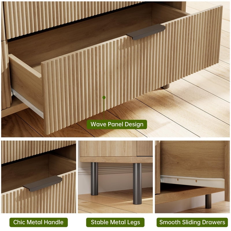 TROPOW Fluted 5 Drawers Dresser, Wide Wood Chest of Drawers, Modern Storage Dresser Chest of Drawers Organizer with Metal Legs and Anti-Tipping Device for Bedroom Living Room